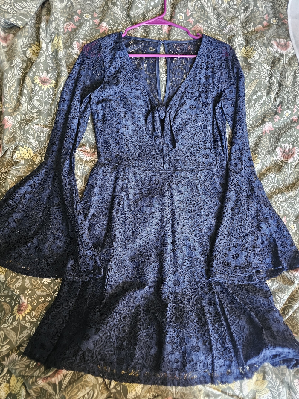 Hollister Navy Lace Midi Dress with Tie Front and Bell Sleeves